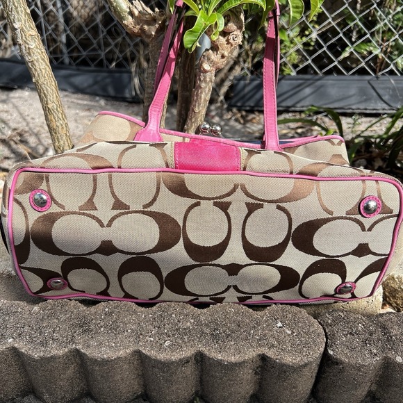 Vintage Coach Beige Pink Logo Shoulder Bag Pink Strap Canvas Y2K